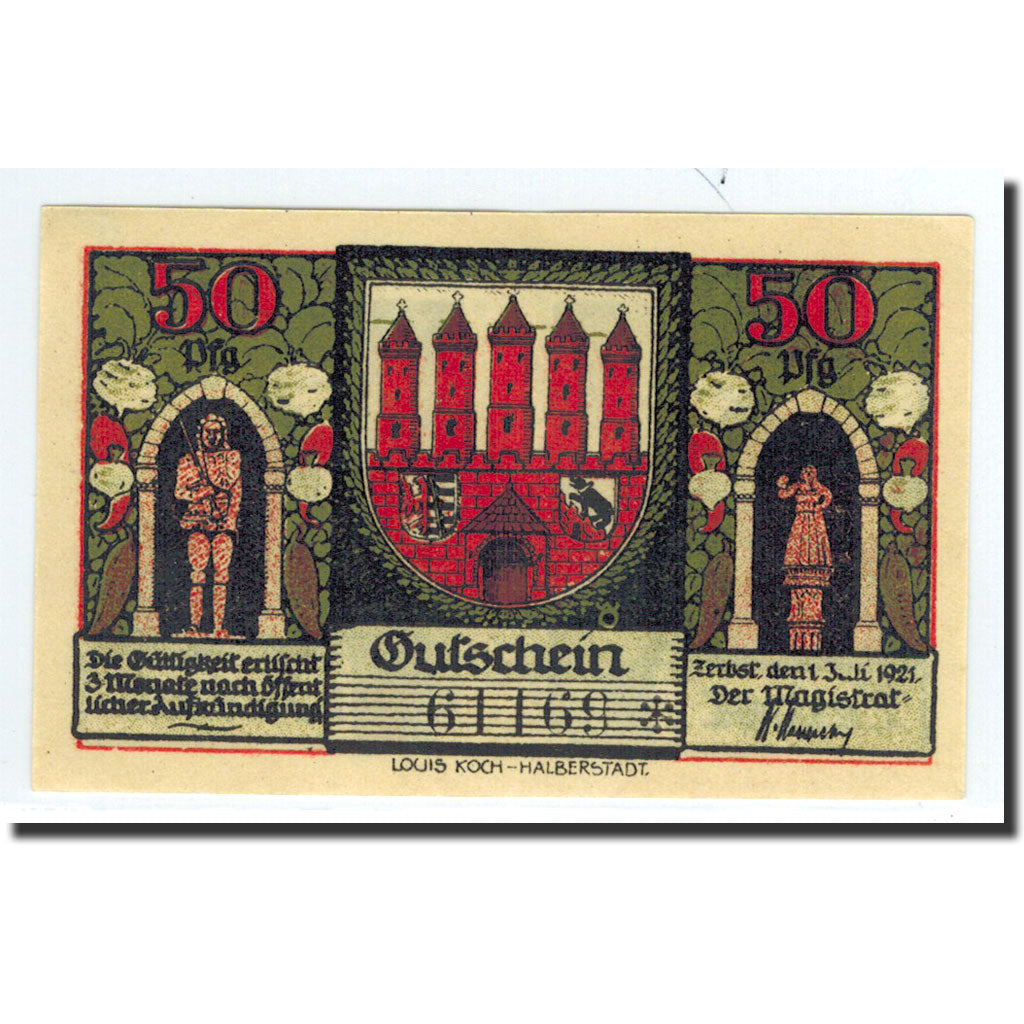 Billet, Allemagne, Zerbst, 50 Pfennig, rempart, 1921, 1921-07-01, NEUF