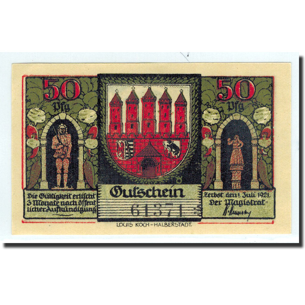 Billet, Allemagne, Zerbst, 50 Pfennig, rempart 3, 1921, 1921-07-01, NEUF