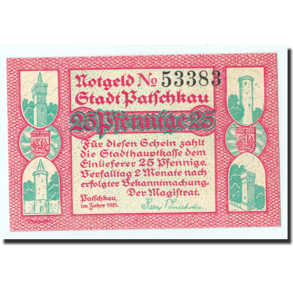 Biljet, Duitsland, Patschkau, 25 Pfennig, château, 1921, Undated, NIEUW