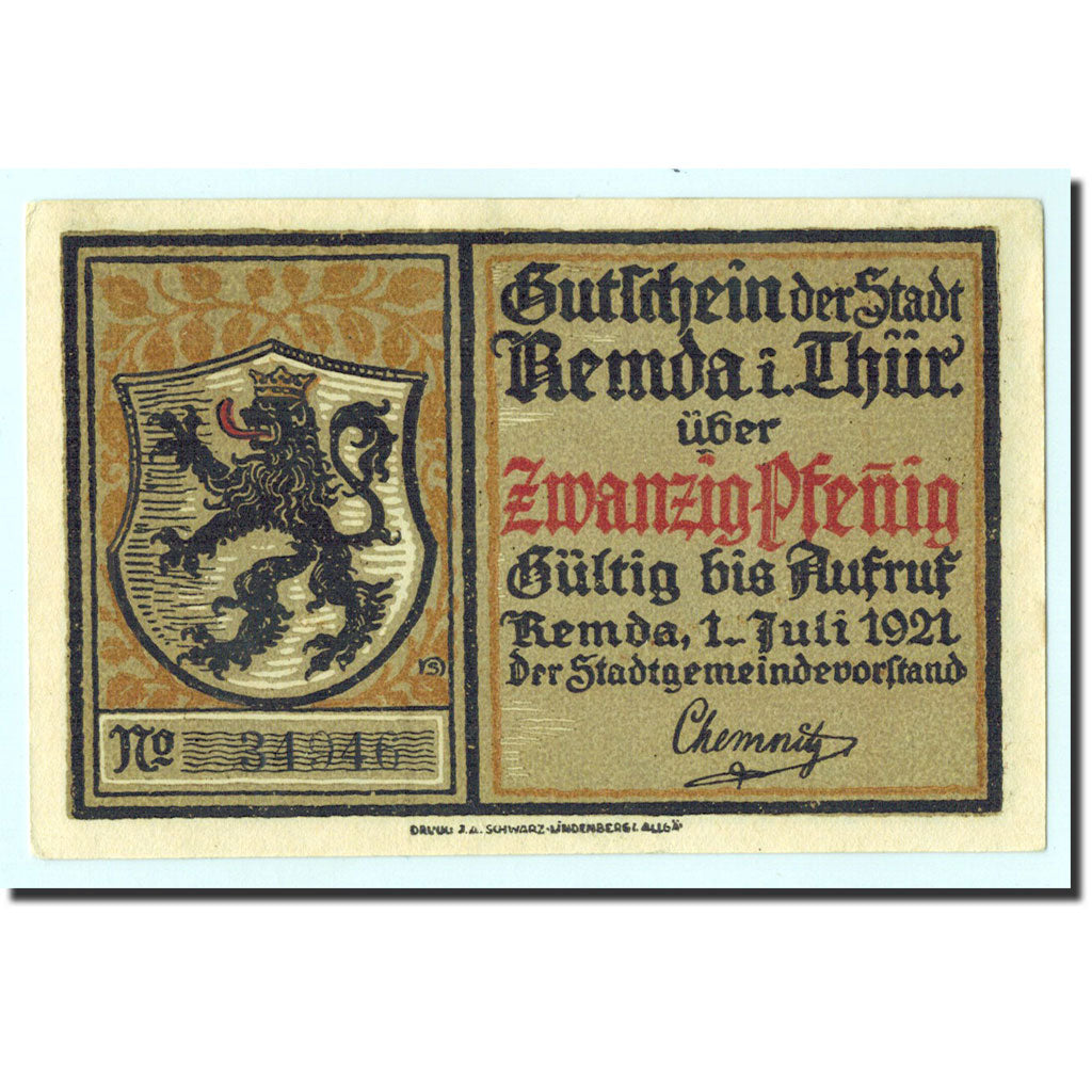Billet, Allemagne, Remda, 20 Pfennig, Maison, 1921, 1921-07-01, NEUF