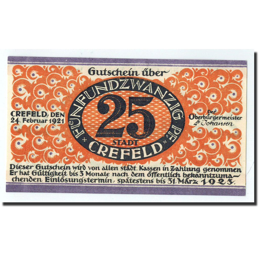 Billet, Allemagne, Crefeld, 25 Pfennig, Ville, 1921, 1921-02-24, NEUF