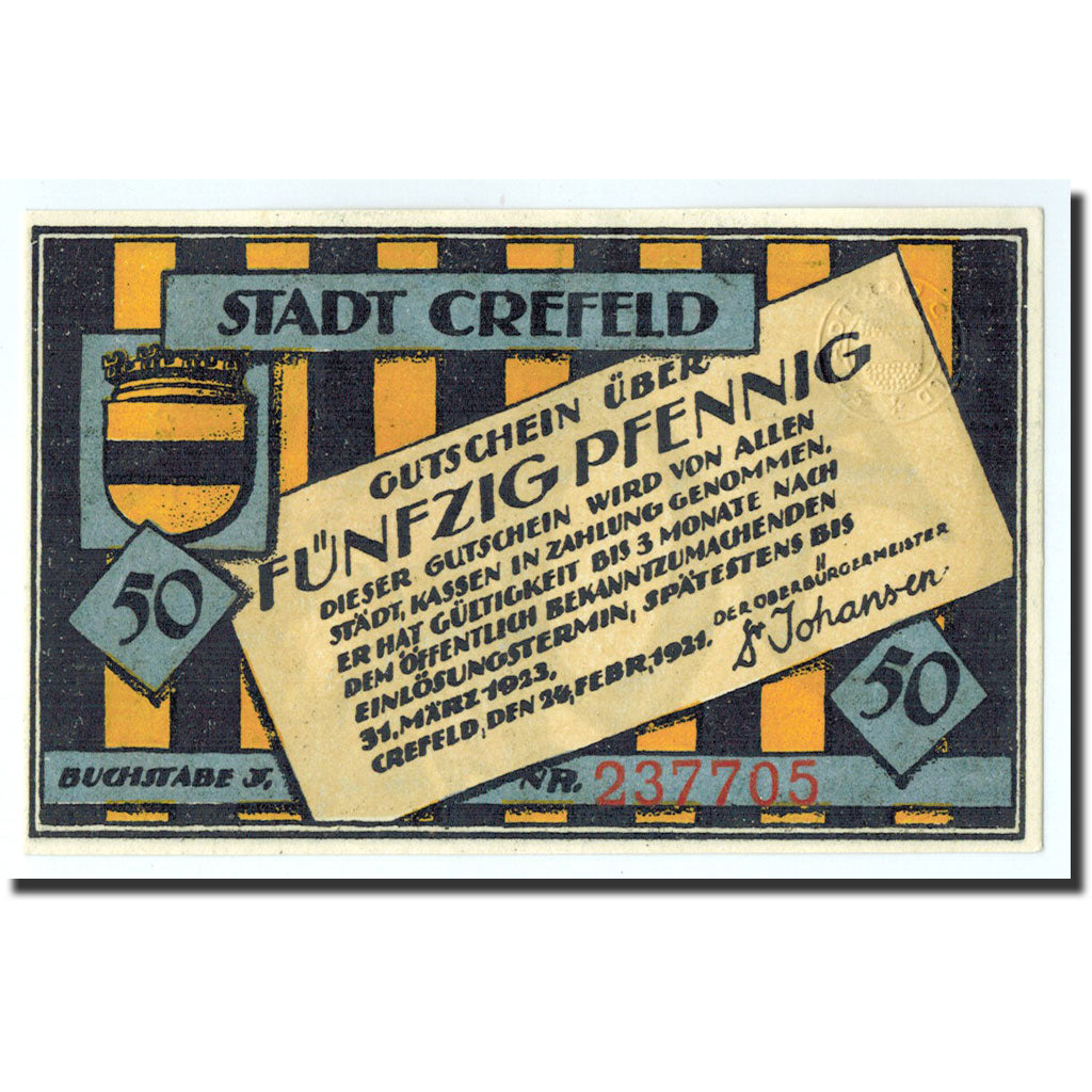 Biljet, Duitsland, Crefeld, 50 Pfennig, personnage, 1921, 1921-02-24, NIEUW