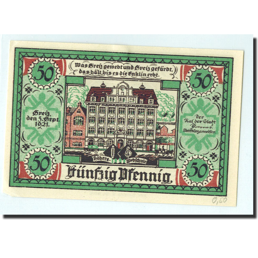 Biljet, Duitsland, Greiz Stadt, 50 Pfennig, château, 1921, 1921-09-05, NIEUW