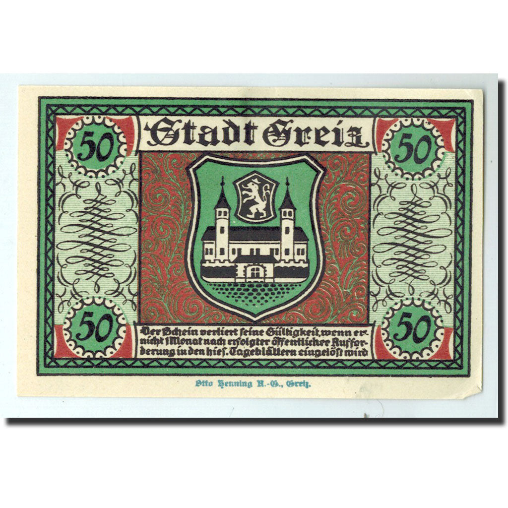 Biljet, Duitsland, Greiz Stadt, 50 Pfennig, château, 1921, 1921-09-05, NIEUW