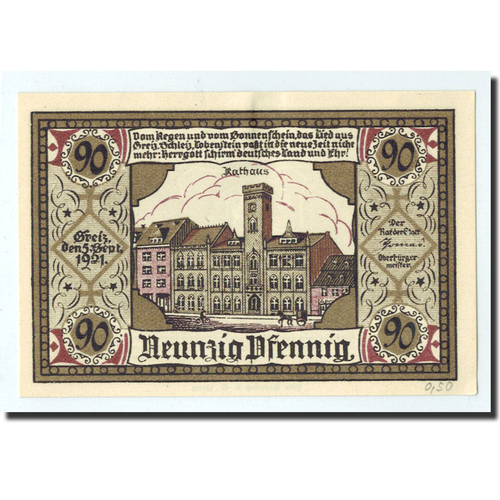 Biljet, Duitsland, Greiz Stadt, 90 Pfennig, château, 1921, 1921-09-05, NIEUW