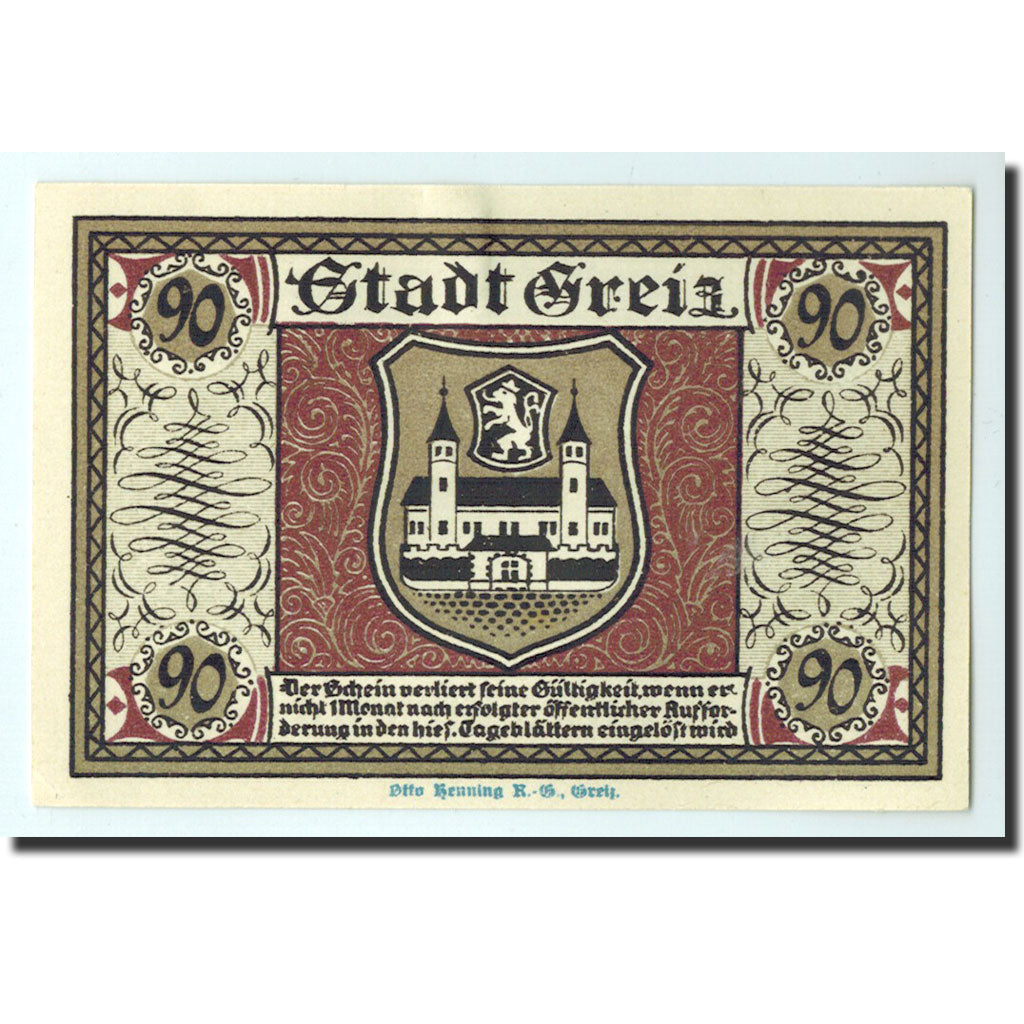 Biljet, Duitsland, Greiz Stadt, 90 Pfennig, château, 1921, 1921-09-05, NIEUW