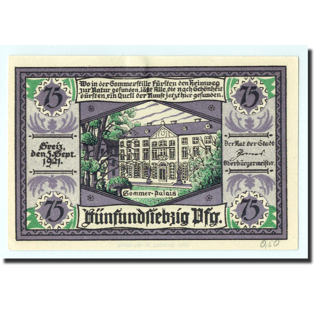 Billet, Allemagne, Greiz Stadt, 75 Pfennig, château, 1921, 1921-09-05, NEUF