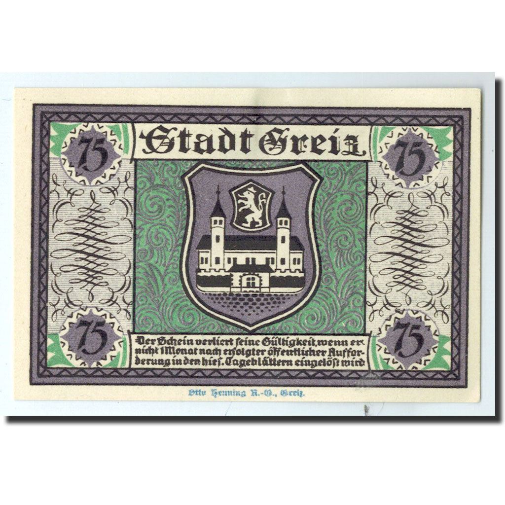 Billet, Allemagne, Greiz Stadt, 75 Pfennig, château, 1921, 1921-09-05, NEUF