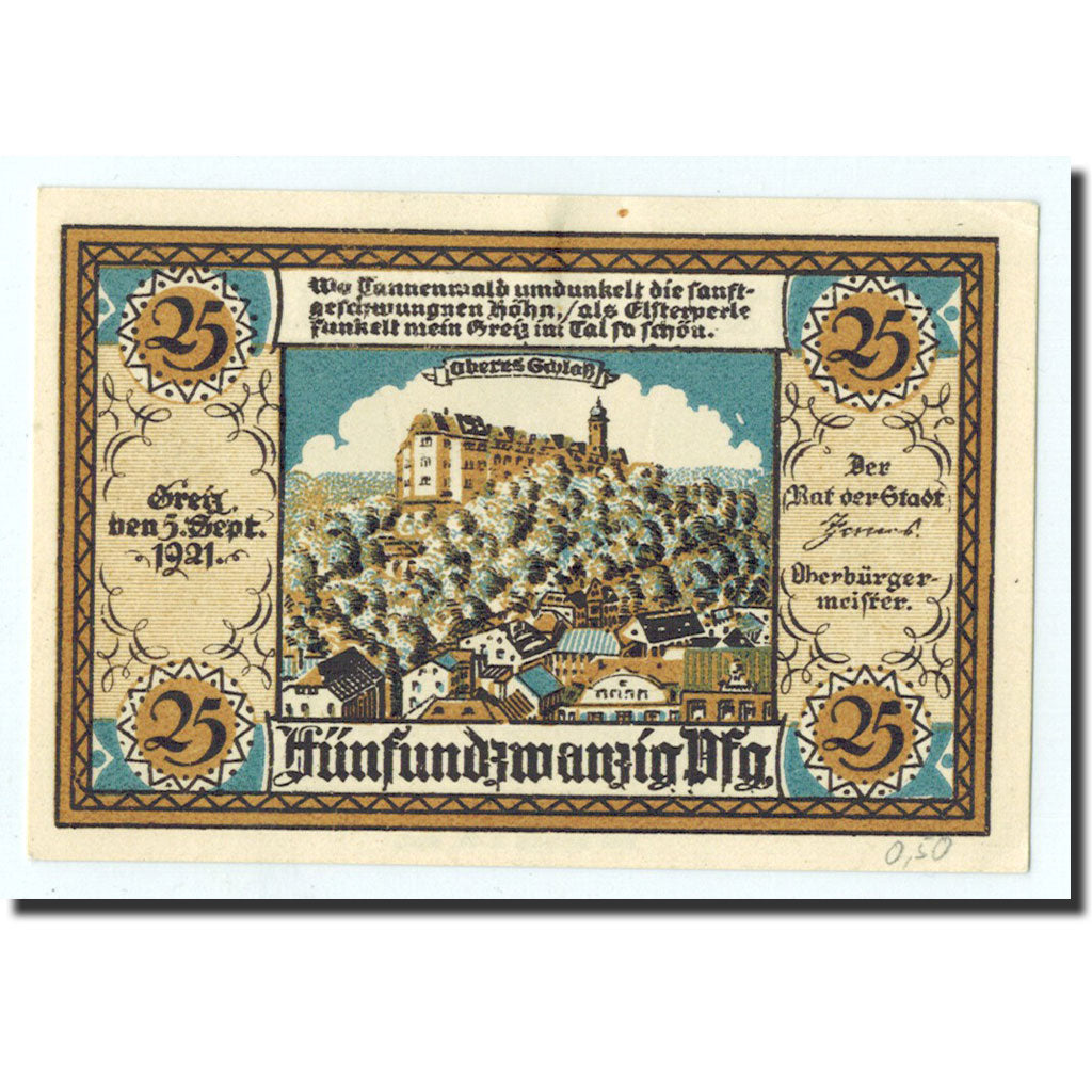 Biljet, Duitsland, Greiz Stadt, 25 Pfennig, château, 1921, 1921-09-05, NIEUW