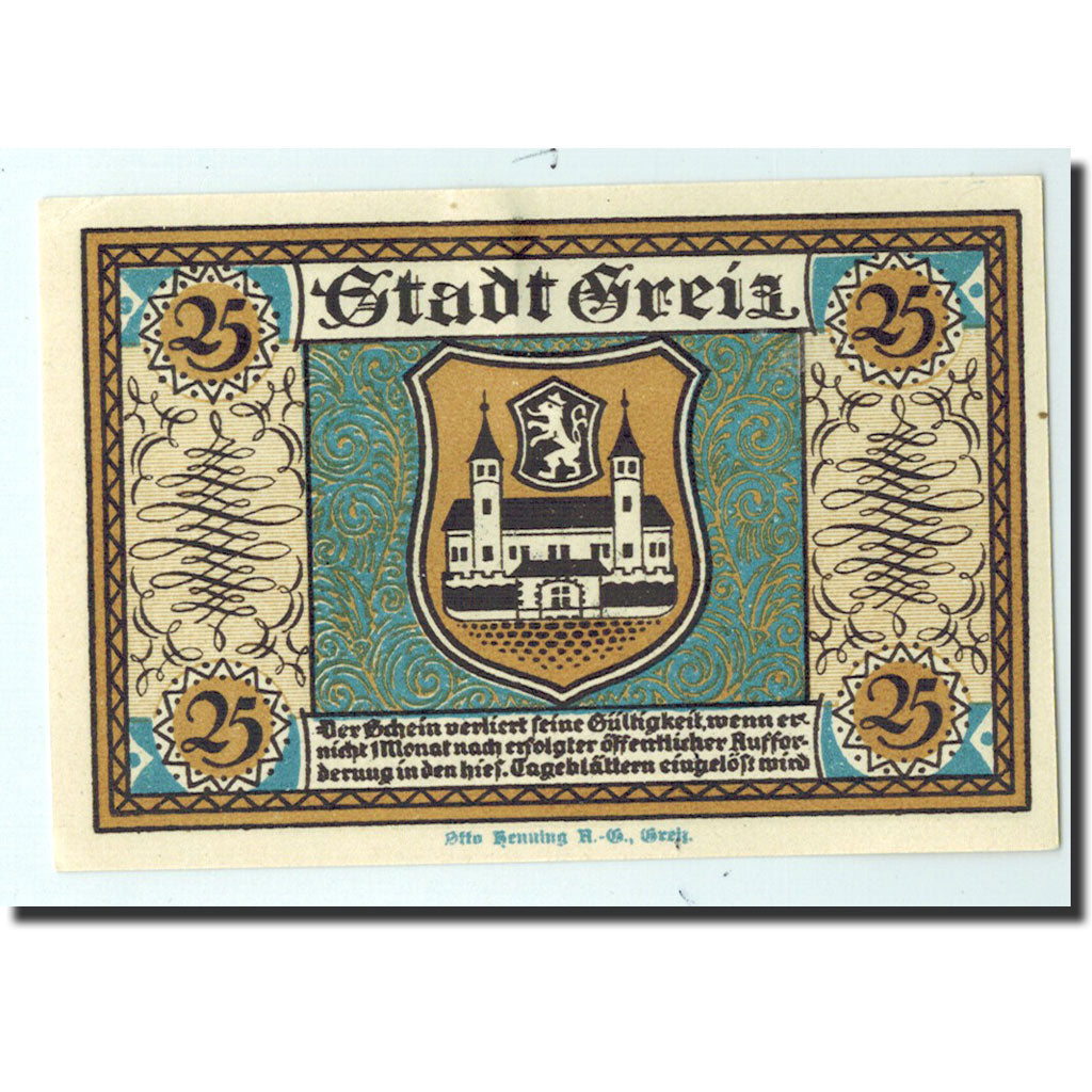 Biljet, Duitsland, Greiz Stadt, 25 Pfennig, château, 1921, 1921-09-05, NIEUW