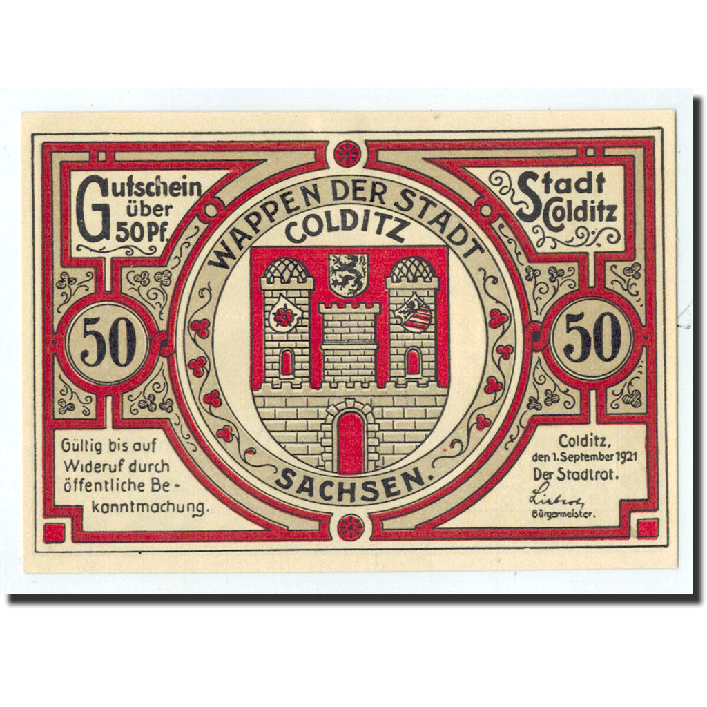 Billet, Allemagne, Colditz Stadt, 50 Pfennig, Monument, 1921, 1921-09-01, NEUF