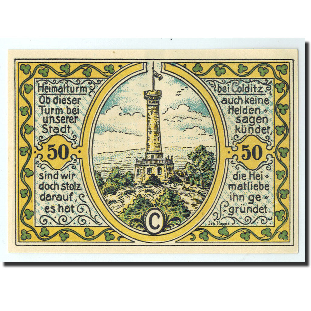 Billet, Allemagne, Colditz Stadt, 50 Pfennig, Monument, 1921, 1921-09-01, NEUF