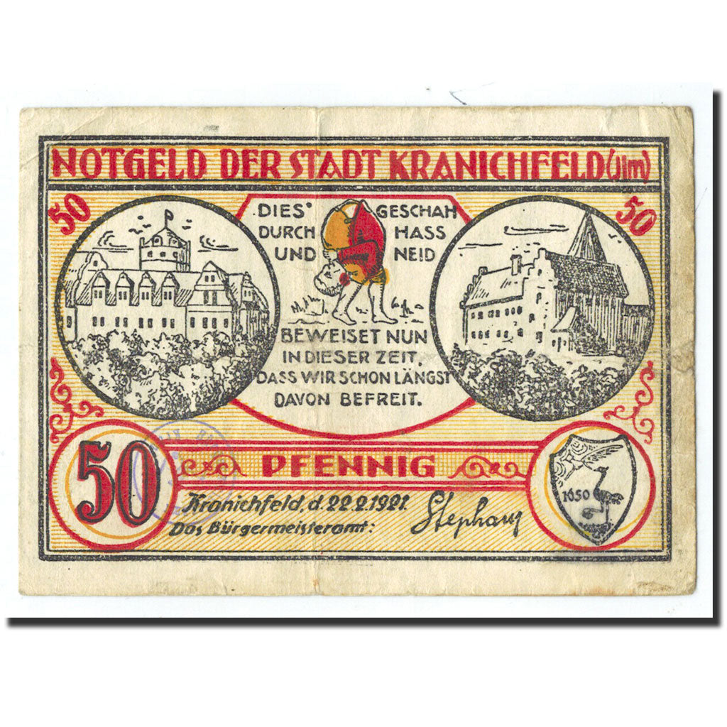 Biljet, Duitsland, Kranichfeld, 50 Pfennig, Maison, 1921, 1921-02-22, TTB