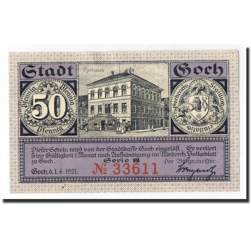Biljet, Duitsland, Goch, 50 Pfennig, Monument, 1921, 1921-06-01, NIEUW