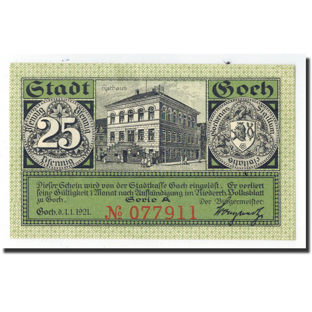 Billet, Allemagne, Goch, 25 Pfennig, Monument, 1921, 1921-06-01, NEUF