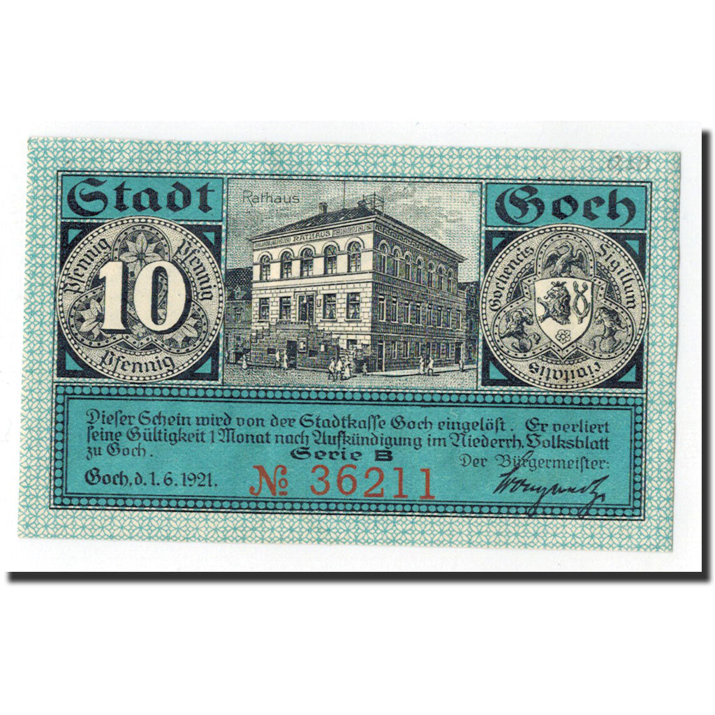 Biljet, Duitsland, Goch, 10 Pfennig, Monument, 1921, 1921-06-01, NIEUW