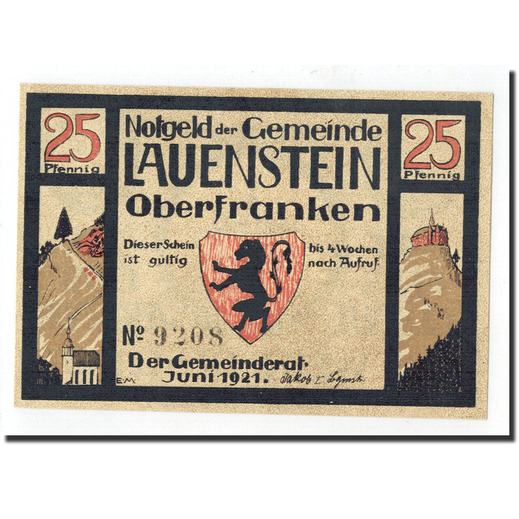 Biljet, Duitsland, Lauenstein, 25 Pfennig, château, 1921, Undated, NIEUW