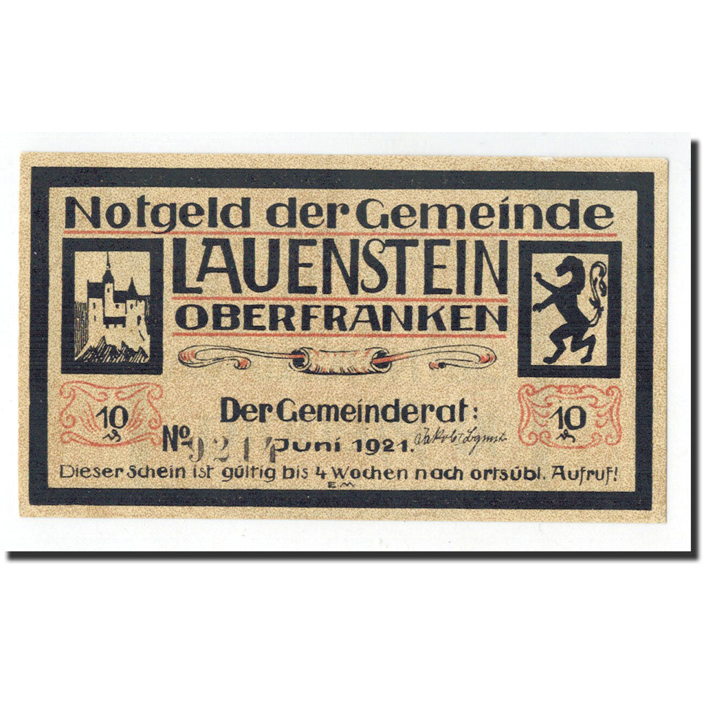 Biljet, Duitsland, Lauenstein, 10 Pfennig, château, 1921, Undated, NIEUW