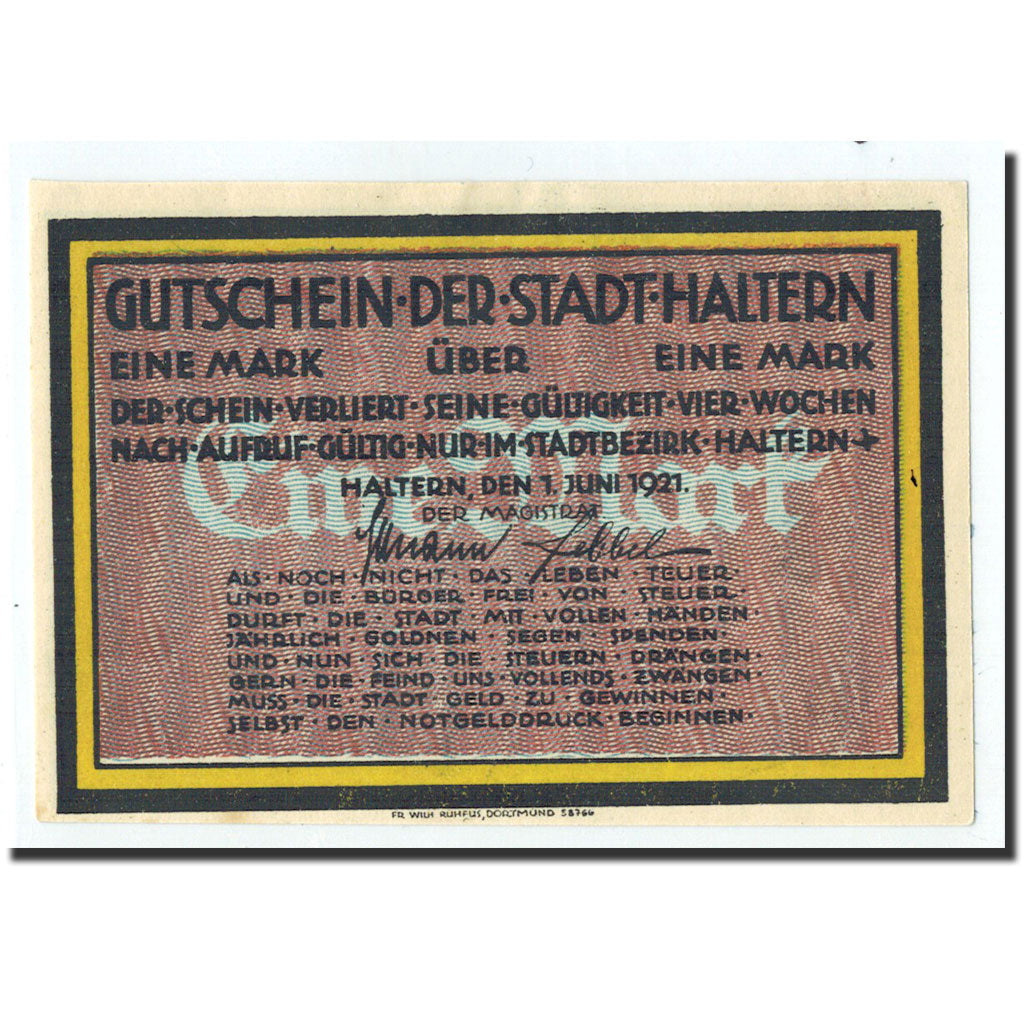 Billet, Allemagne, Haltern, 1 Mark, village, 1921, 1921-06-01, TTB+, Mehl:514.1
