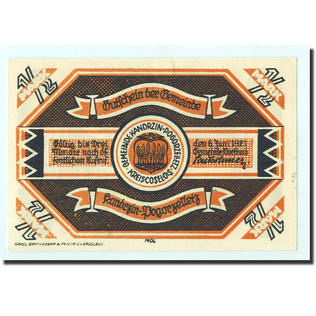 Billet, Allemagne, Kandrzin, 1/2 Mark, paysage, 1921, 1921-06-06, NEUF