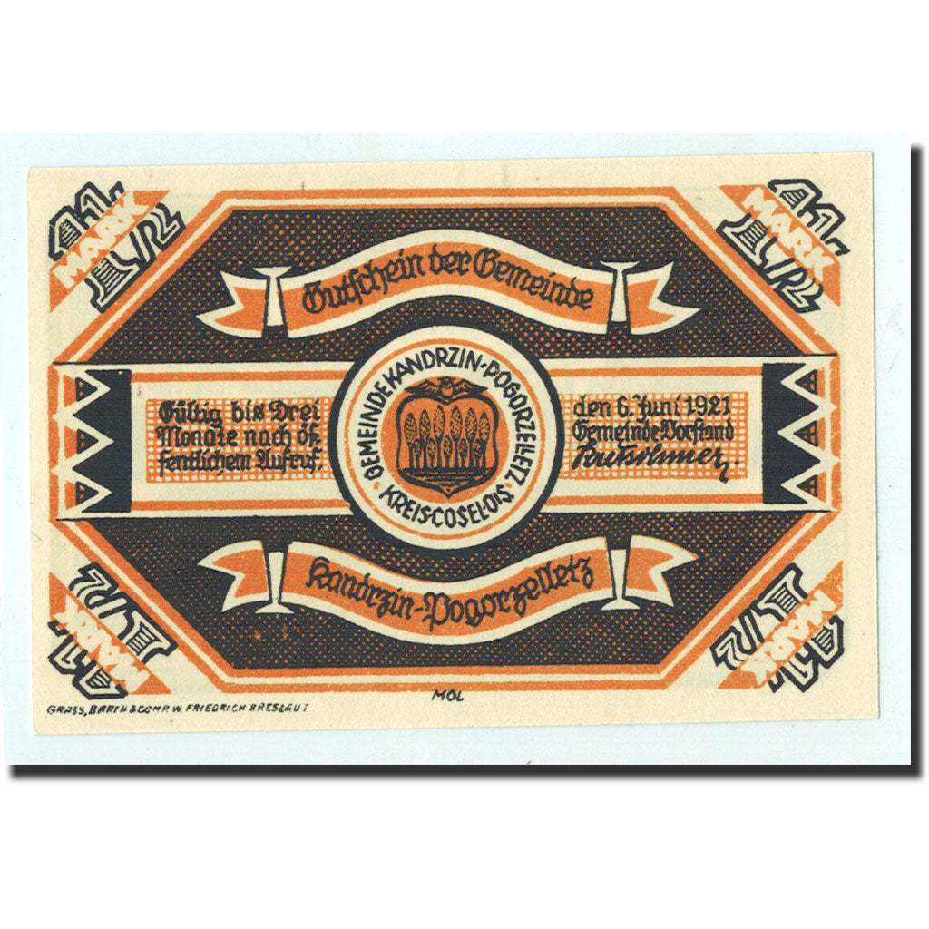 Biljet, Duitsland, Kandrzin, 1.5 Mark, pont, 1921, 1921-06-06, NIEUW, Mehl:675.1