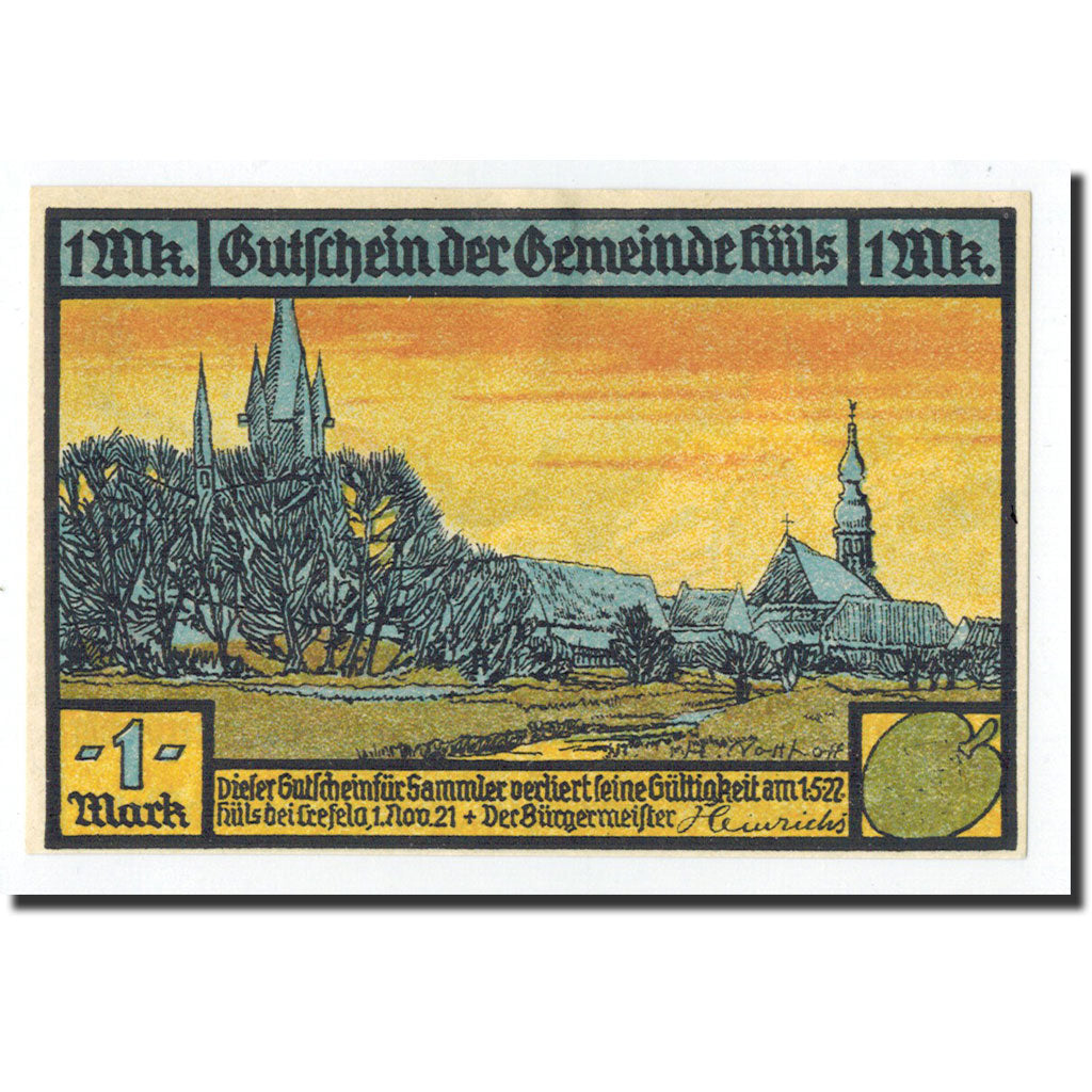 Billet, Allemagne, Hüls bei krefeld, 1 Mark, calèche, 1921, 1921-11-01, NEUF