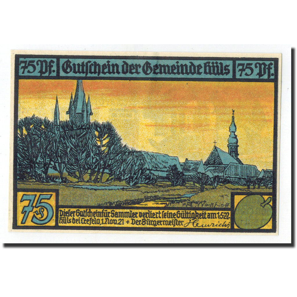 Billet, Allemagne, Hüls bei krefeld, 75 Pfennig, personnage, 1921, 1921-11-01