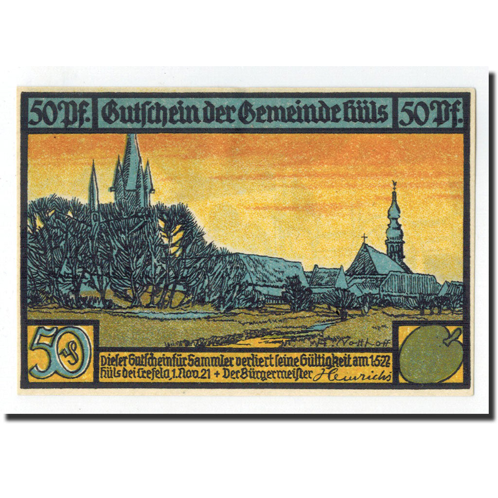 Biljet, Duitsland, Hüls bei krefeld, 50 Pfennig, personnage 1, 1921