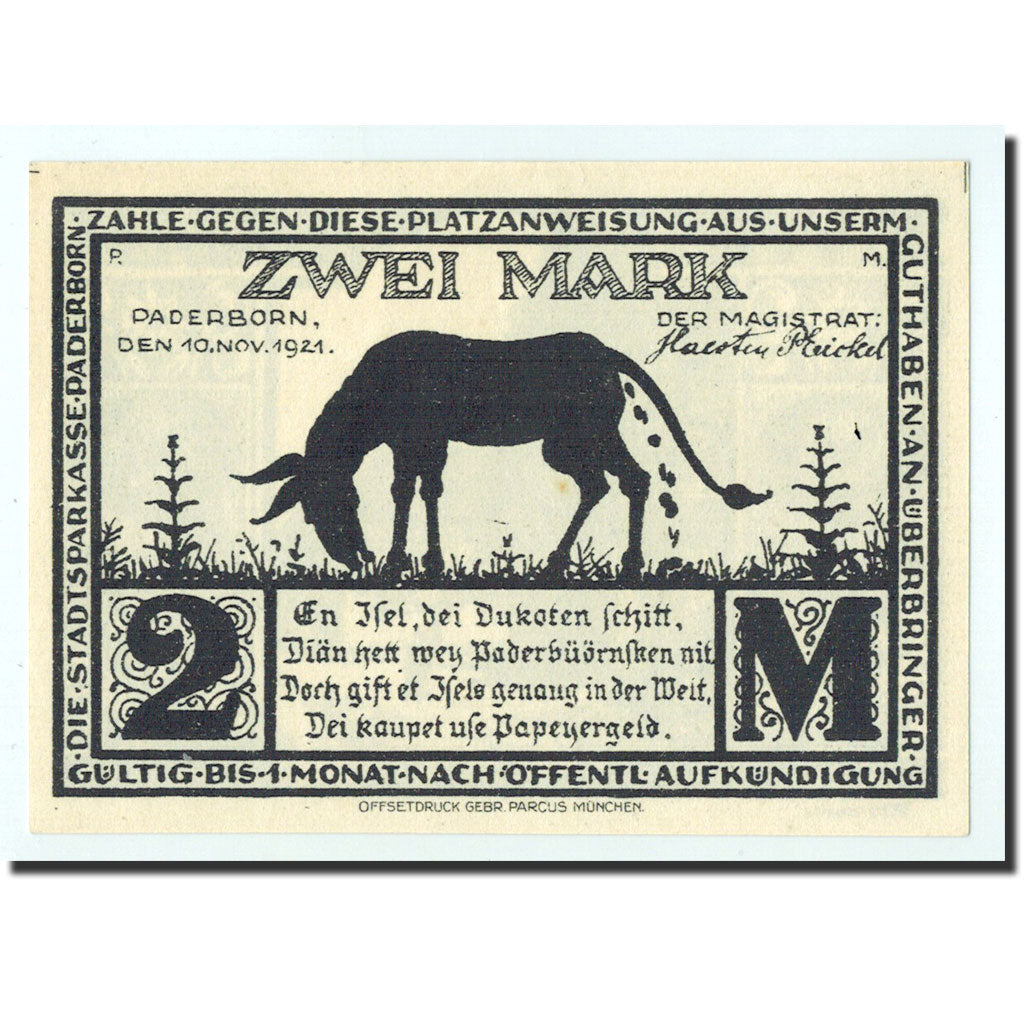 Billet, Allemagne, Paderborn, 1 Mark, rue, 1921, 1921-11-10, NEUF, Mehl:1043.6