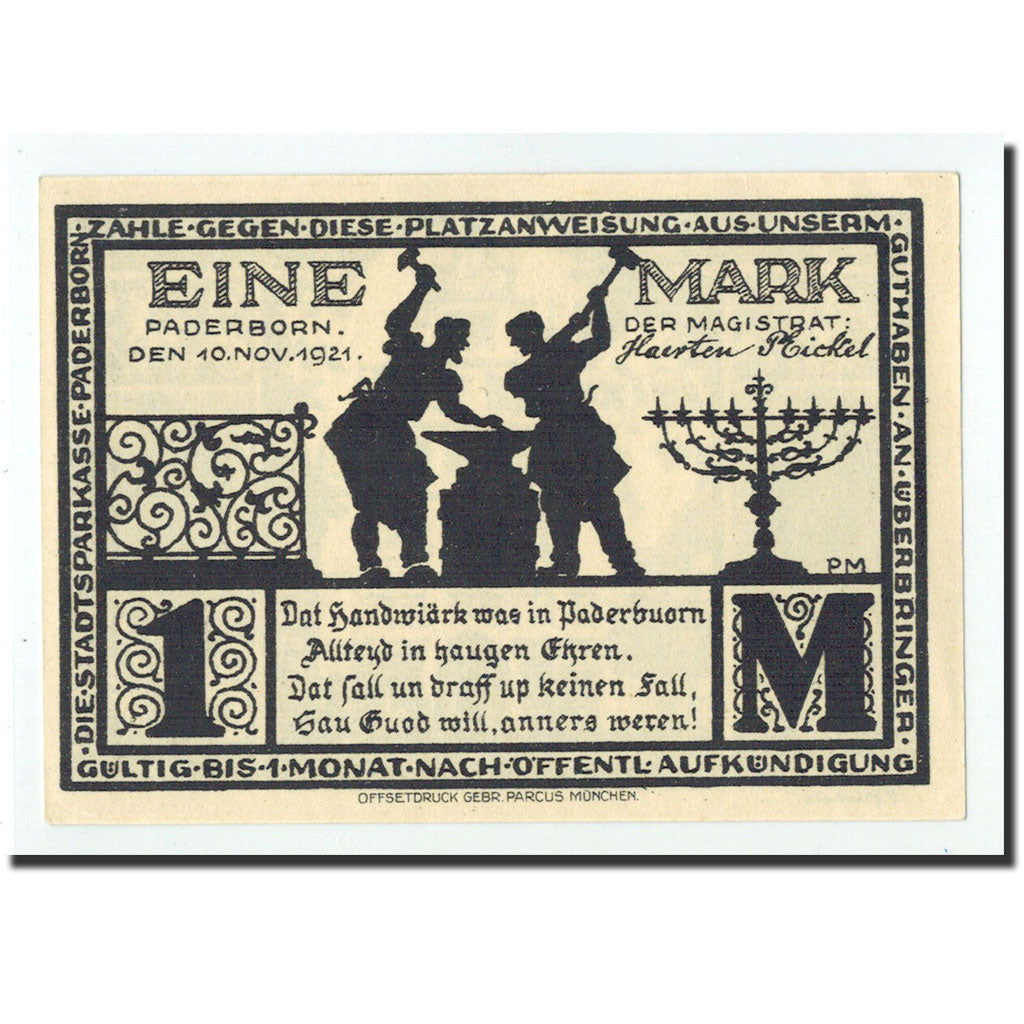 Biljet, Duitsland, Paderborn, 1 Mark, Maison, 1921, 1921-11-10, NIEUW