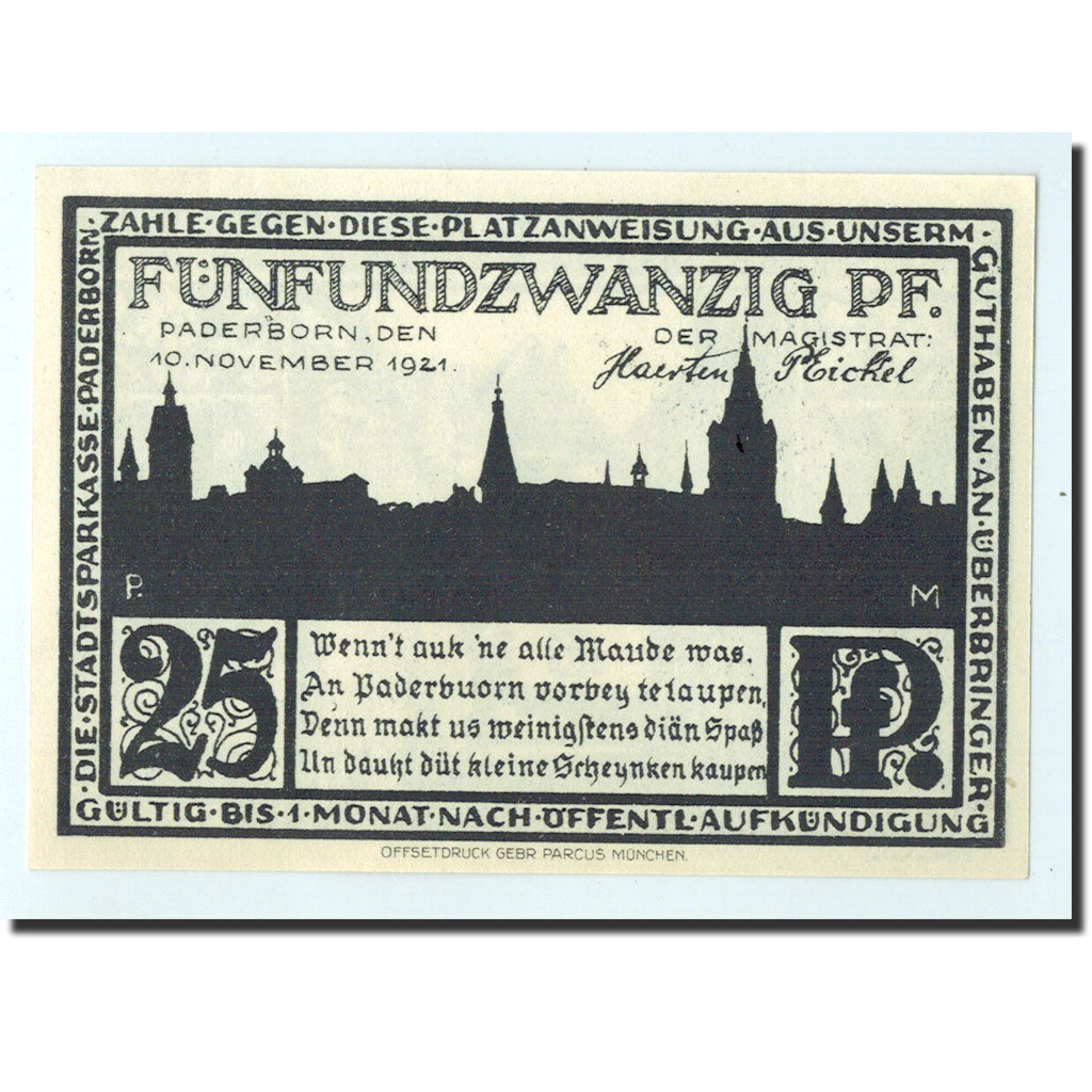 Billet, Allemagne, Paderborn, 25 Pfennig, ruelle 1, 1921, 1921-11-10, NEUF
