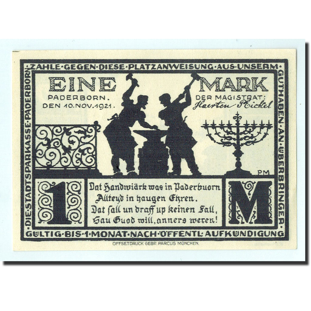 Billet, Allemagne, Paderborn, 1 Mark, personnage, 1921, 1921-11-10, NEUF