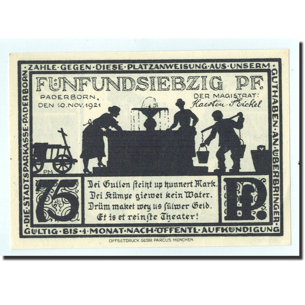 Biljet, Duitsland, Paderborn, 75 Pfennig, personnage 1, 1921, 1921-11-10, NIEUW