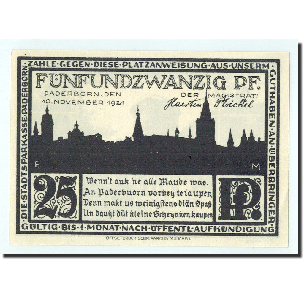 Billet, Allemagne, Paderborn, 25 Pfennig, paysage, 1921, 1921-11-10, NEUF