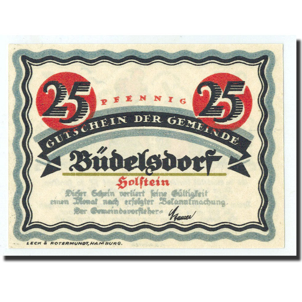 Biljet, Duitsland, Budelsdorf Gemeinde, 25 Pfennig, personnage, O.D, Undated