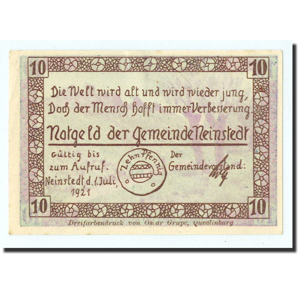 Billet, Allemagne, Neinstedt, 10 Pfennig, paysage, O.D, Undated, NEUF