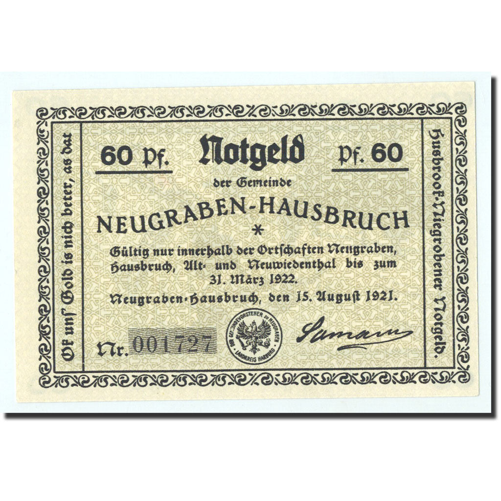 Billet, Allemagne, Neugraben Hausbruch, 60 Pfennig, personnage, 1921