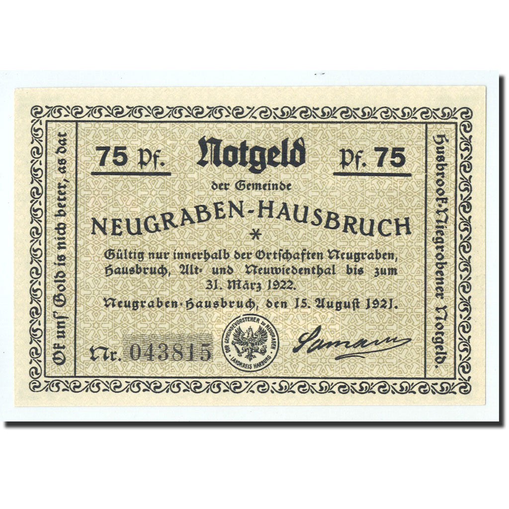 Billet, Allemagne, Neugraben Hausbruch, 75 Pfennig, personnage, 1921