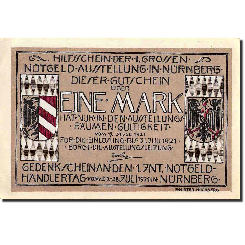 Biljet, Duitsland, Nürnberg, 1 Mark, Monument, 1921, 1921-07-17, SPL