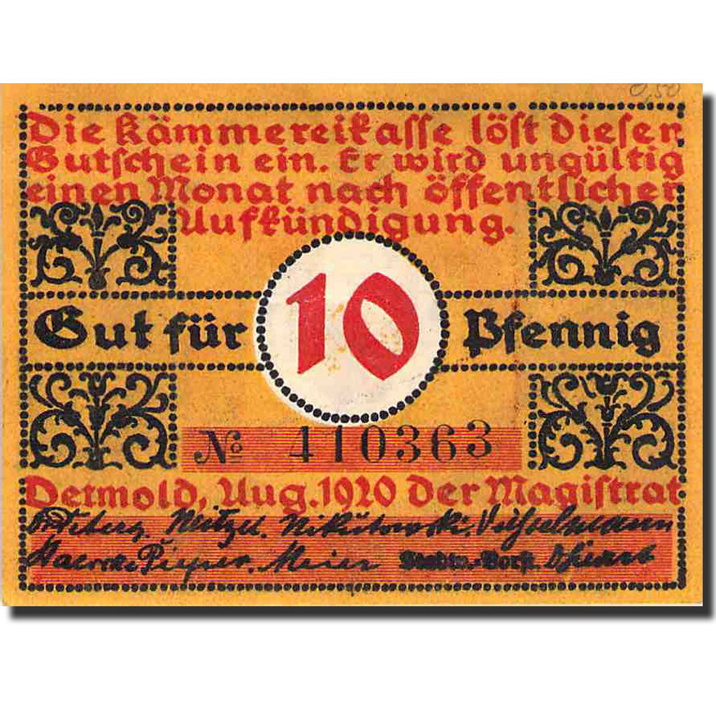 Billet, Allemagne, Detmold, 10 Pfennig, château, 1920, Undated, SPL, Mehl:268.1