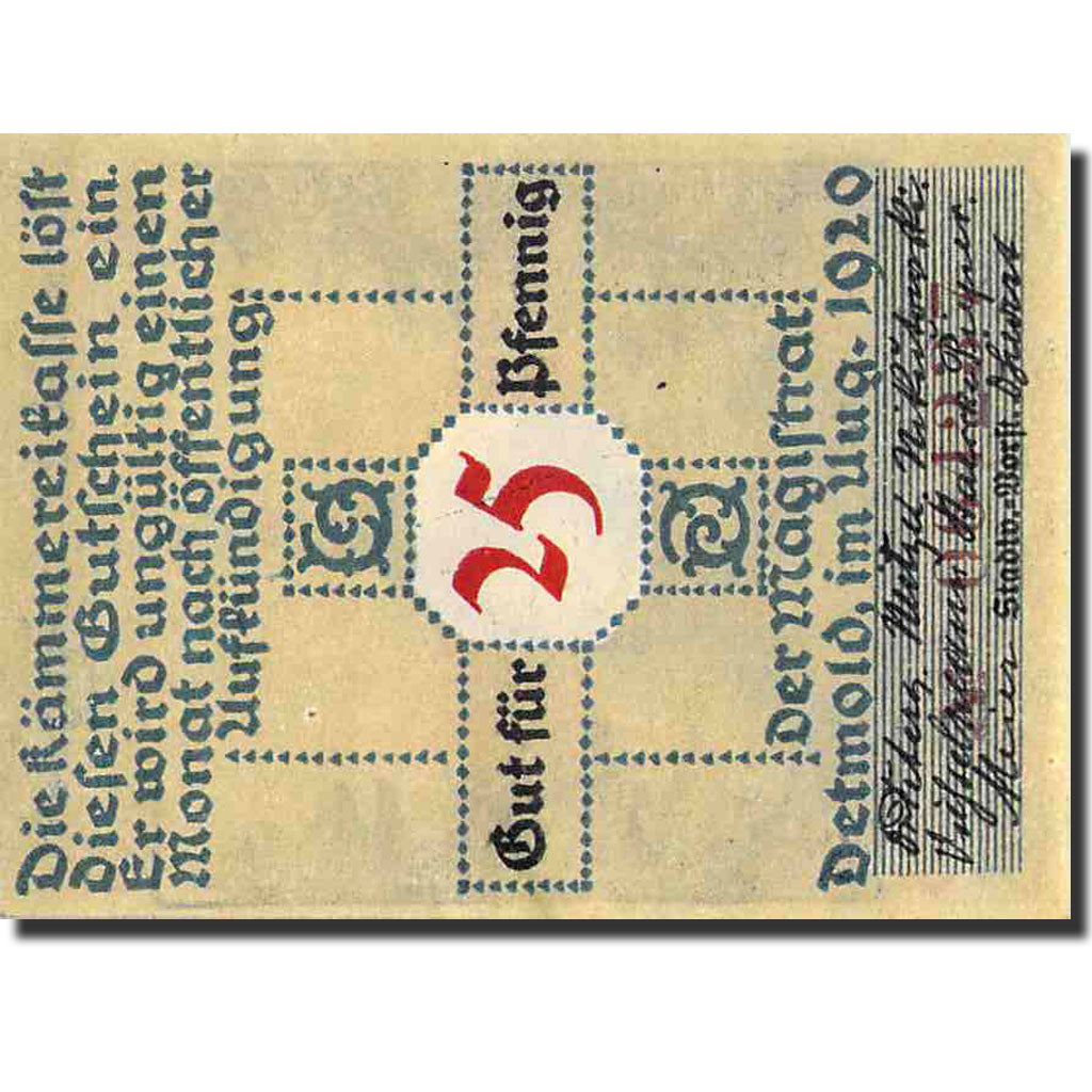 Billet, Allemagne, Detmold, 25 Pfennig, Monument, 1920, Undated, SPL, Mehl:268.1