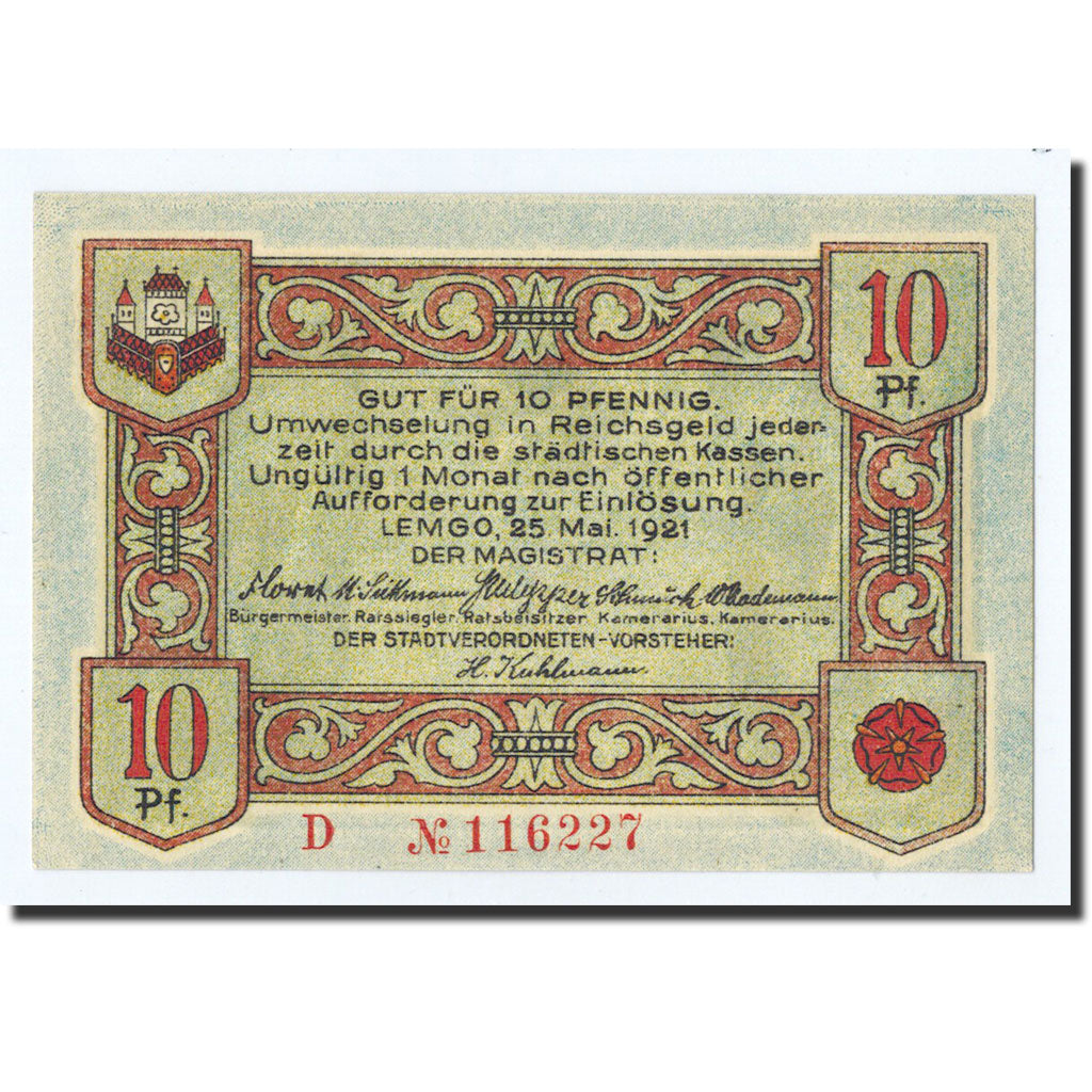Biljet, Duitsland, Lemgo Stadt, 10 Pfennig, personnage, 1921, 1921-05-25, SPL
