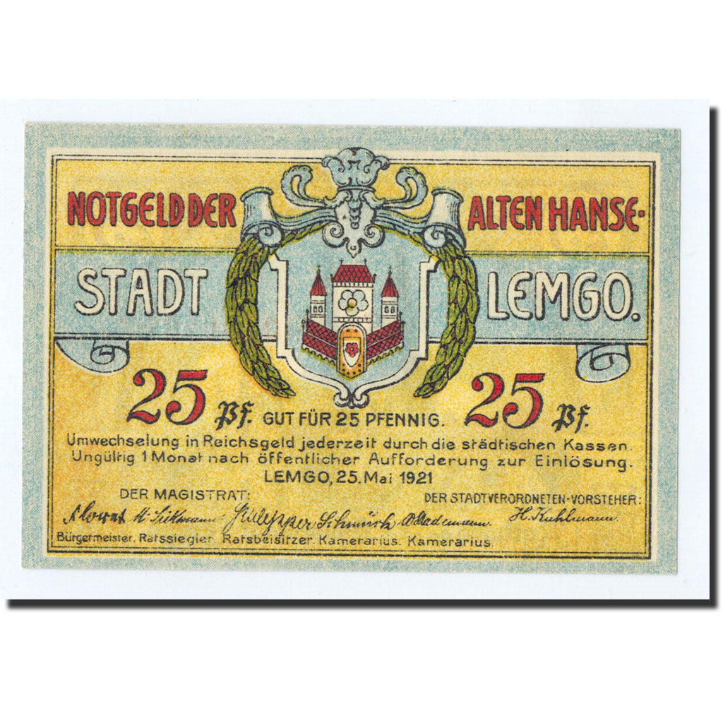 Biljet, Duitsland, Lemgo Stadt, 25 Pfennig, Eglise, 1921, 1921-05-25, SPL