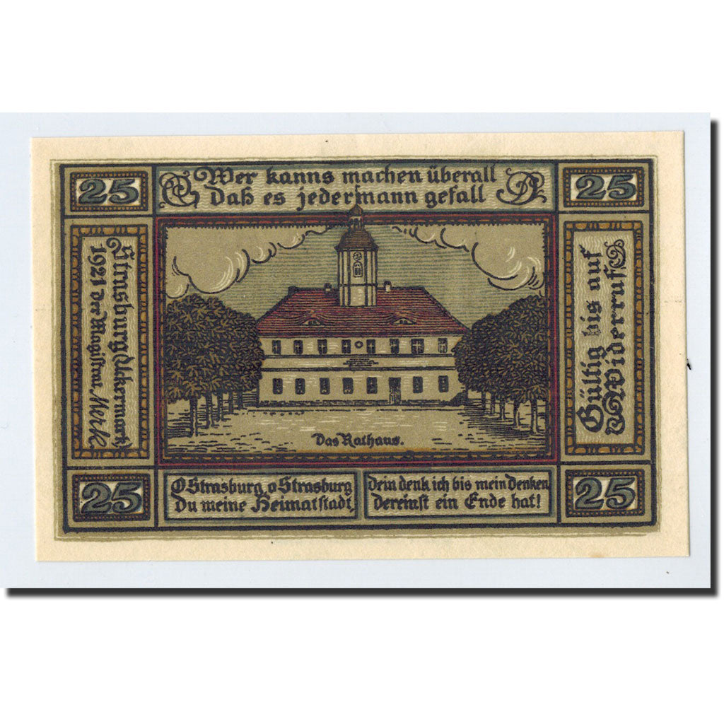 Biljet, Duitsland, Strasburg i Uckermark, 25 Pfennig, Maison, 1921, Undated