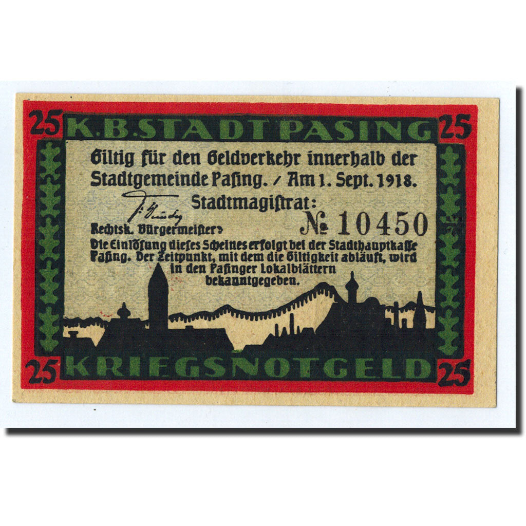 Billet, Allemagne, Pasing Stadt, 25 Pfennig, Ecusson, 1918, 1918-09-01, SPL