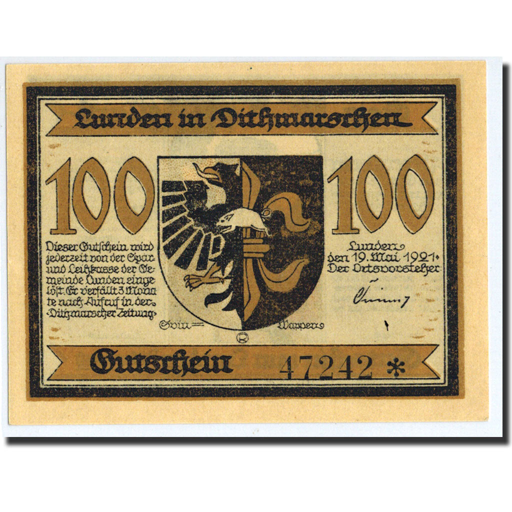 Billet, Allemagne, Lunden, 100 Pfennig, Monument, 1921, 1921-05-19, NEUF