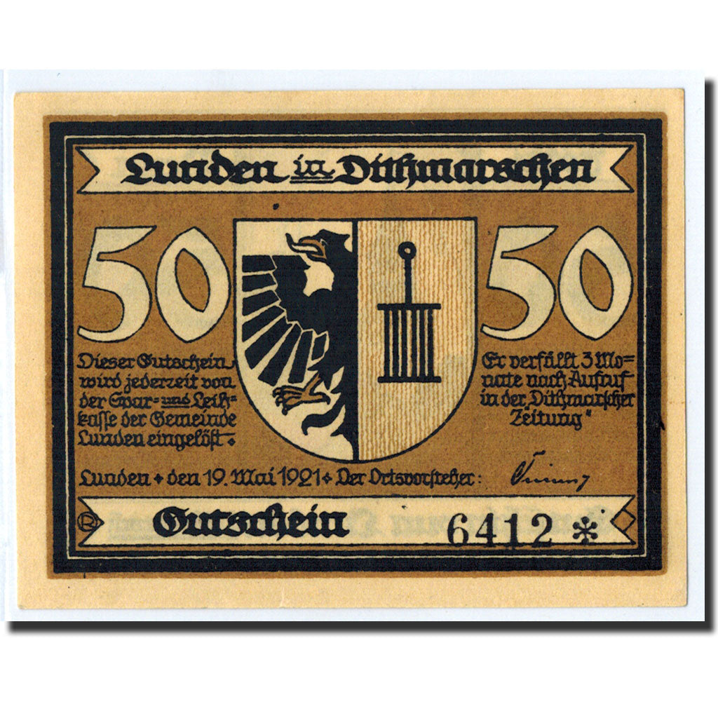 Biljet, Duitsland, Lunden, 50 Pfennig, Eglise, 1921, 1921-05-19, NIEUW, Mehl:845