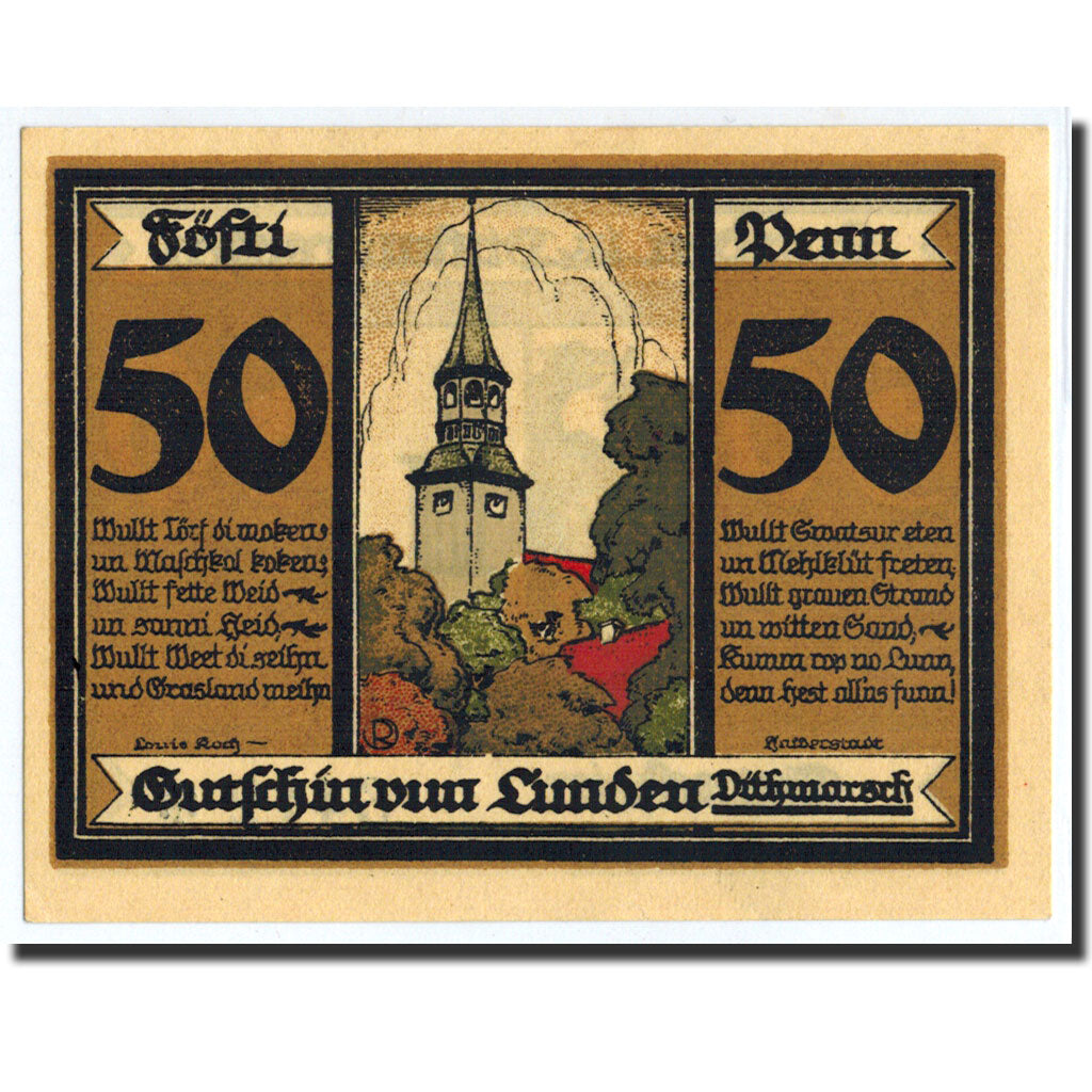 Biljet, Duitsland, Lunden, 50 Pfennig, Eglise, 1921, 1921-05-19, NIEUW, Mehl:845