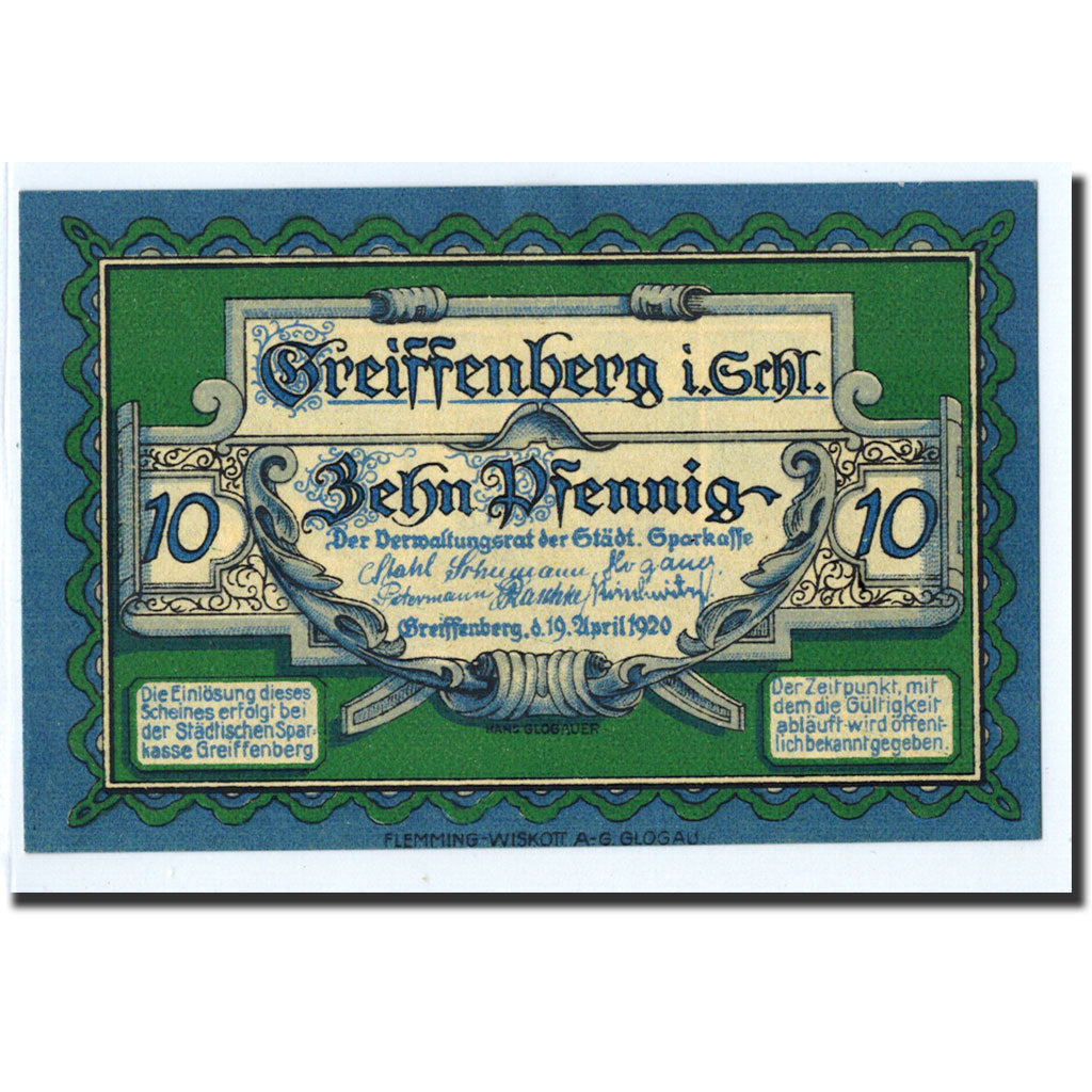 Biljet, Duitsland, Greiffenberg, 10 Pfennig, chasseur, 1920, 1920-04-19, NIEUW