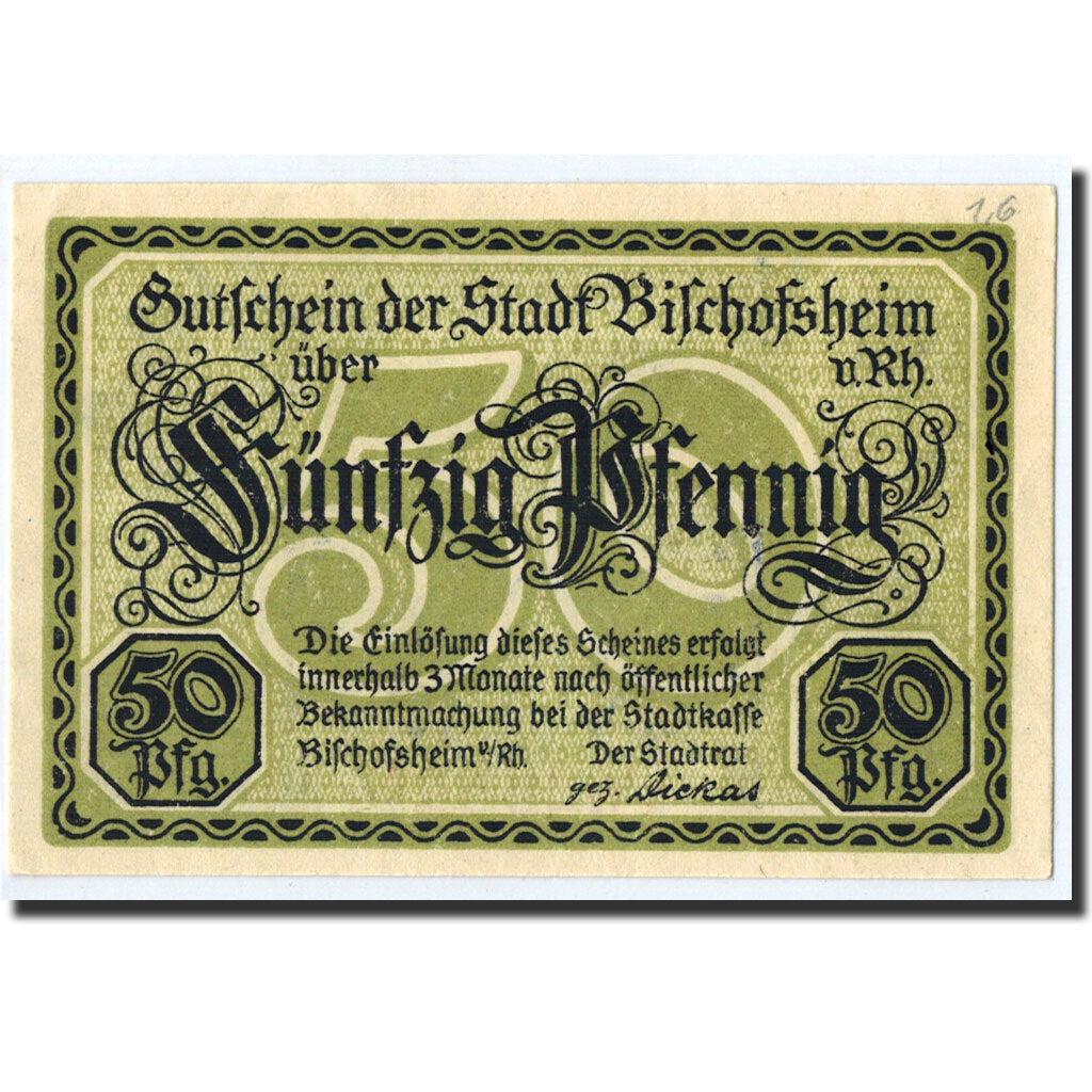 Billet, Allemagne, Bischofsheim v. Rhon Stadt, 50 Pfennig, personnage, O.D